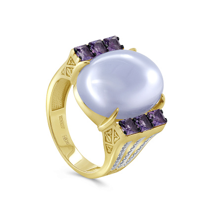 Кольцо из желтого золота с бриллиантами, аметистами