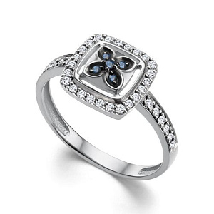 Кольцо из белого золота с бриллиантами, сапфиром