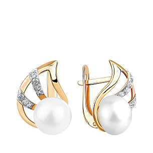 Серьги с английским замком из красного золота с жемчугом, фианитом