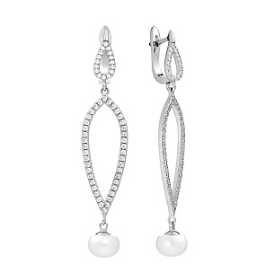 Серьги с английским замком из серебра с жемчугами, фианитами