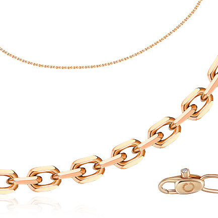 Цепь автомат из красного золота с бриллиантом, плетение якорное