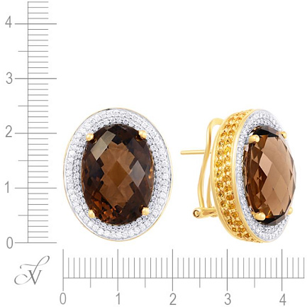 Серьги из желтого золота с бриллиантами, раухтопазами