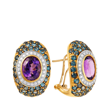 Серьги из желтого золота с бриллиантами, аметистами