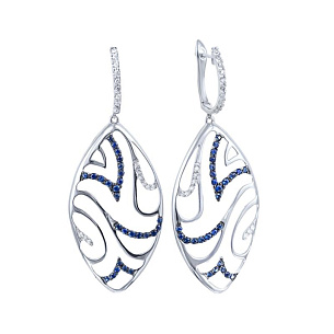 Серьги с английским замком из белого золота с бриллиантами, сапфирами