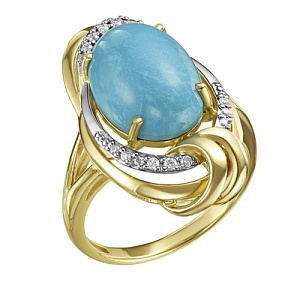 Кольцо из желтого золота с бриллиантами, бирюзой
