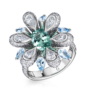 Кольцо из белого золота с бриллиантами, аквамарином