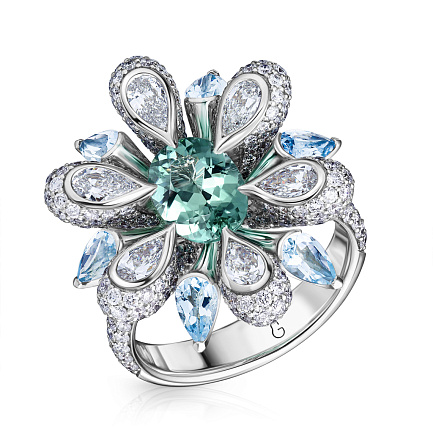 Кольцо из белого золота с бриллиантами, аквамарином