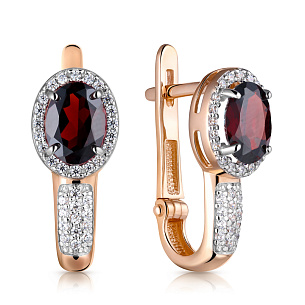 Серьги с гранатом и фианитом с английским замком из красного золота