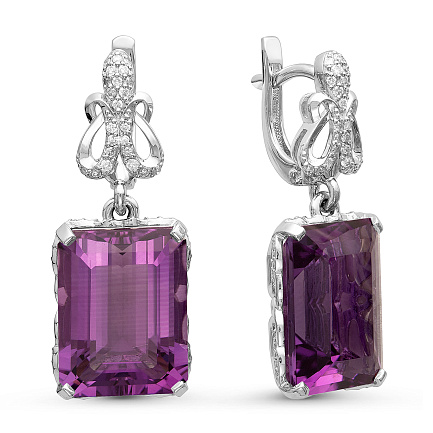 Серьги из белого золота с бриллиантами, аметистами