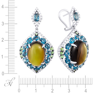 Серьги из белого золота с бриллиантами, турмалинами, цаворитами, топазами