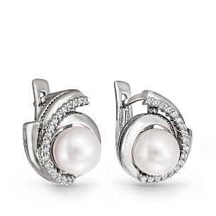 Серьги с английским замком из серебра с фианитами, жемчугами