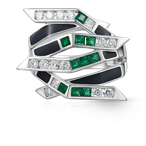 Кольцо из белого золота с бриллиантами, изумрудами