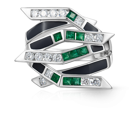 Кольцо из белого золота с бриллиантами, изумрудами