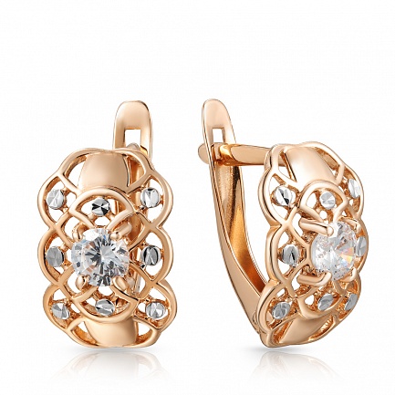 Серьги с английским замком из красного золота с фианитом