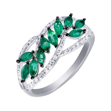 Кольцо из белого золота с бриллиантами, изумрудами