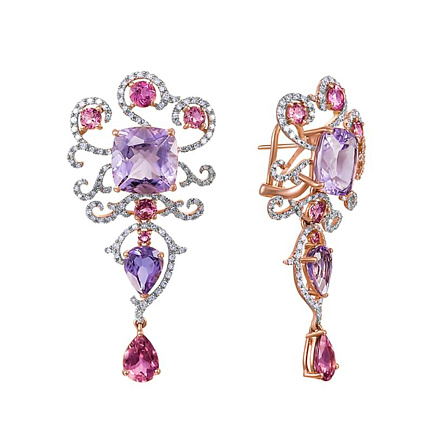 Серьги из красного золота с бриллиантами, аметистами