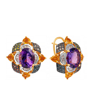 Серьги из красного золота с бриллиантами, аметистами и цитринами