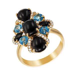 Кольцо из желтого золота с бриллиантами, топазами, ониксами