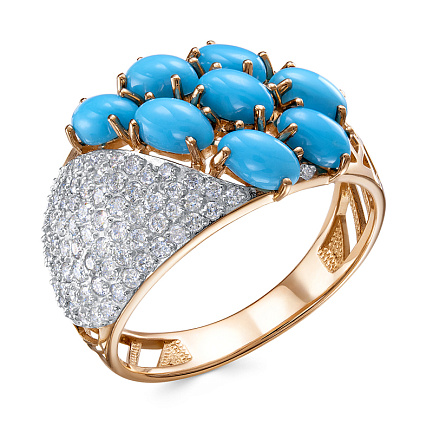 Кольцо из красного золота с бриллиантами, бирюзой