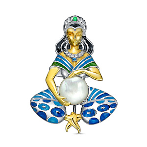 Брошь из серебра с перламутром, фианитом