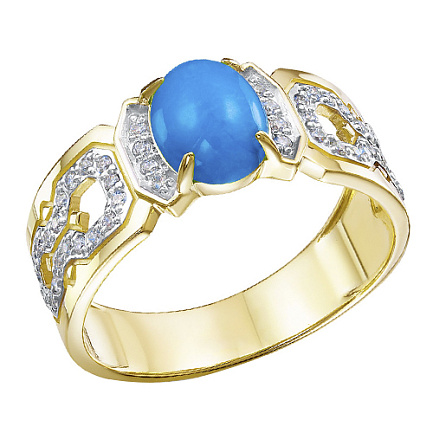 Кольцо из желтого золота с бриллиантами, бирюзой