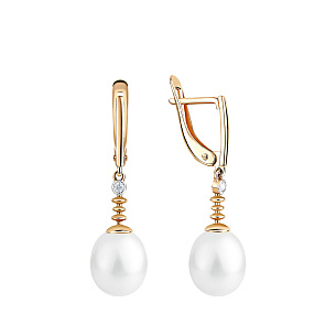 Серьги с английским замком из красного золота с жемчугом, фианитом