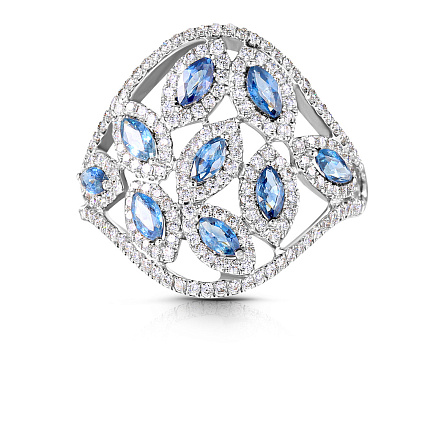 Кольцо из белого золота с бриллиантами, сапфирами