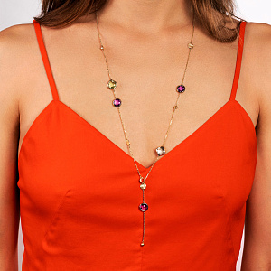 Колье из желтого золота с аметистом, плетение якорное