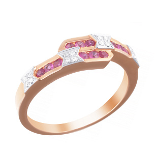 Кольцо из красного золота с бриллиантами, рубинами