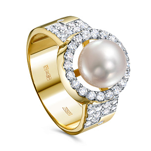 Кольцо из желтого золота с бриллиантами и жемчугом