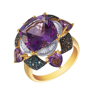 Кольцо из желтого золота с бриллиантами и аметистами