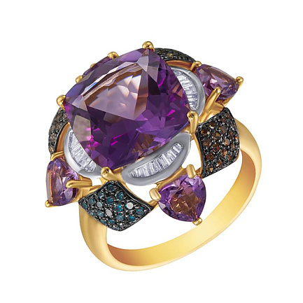 Кольцо из желтого золота с аметистами, бриллиантами