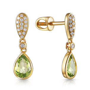 Пусеты с хризолитом, бриллиантами из желтого золота