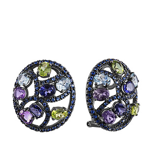 Серьги из черненого золота с сапфирами, аквамаринами, аметистами, иолитами, перидотами