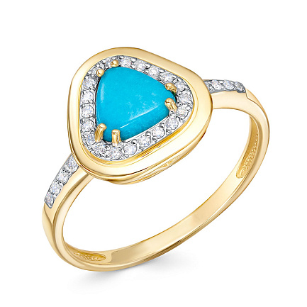Кольцо из желтого золота с бриллиантами, бирюзой