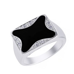 Печатка из белого золота с ониксом, бриллиантами
