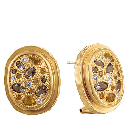 Серьги из желтого золота с бриллиантами, раухтопазами