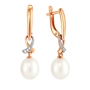 Серьги с английским замком из красного золота с жемчугом и фианитом