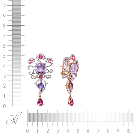 Серьги из красного золота с бриллиантами, аметистами