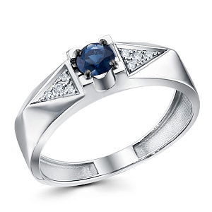 Кольцо из белого золота с бриллиантами, сапфиром