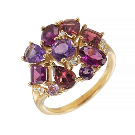 Кольцо из желтого золота с бриллиантами, аметистами