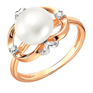 Кольцо из красного золота с жемчугом и фианитом