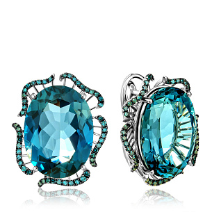 Серьги с английским замком из белого золота с бриллиантами, топазом