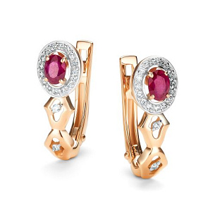 Серьги с английским замком из красного золота с рубинами и бриллиантами