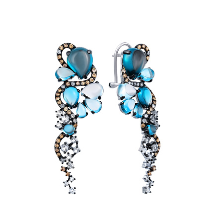 Серьги из белого золота с бриллиантами, топазами