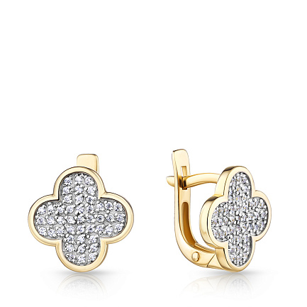 Серьги с английским замком из желтого золота с фианитом