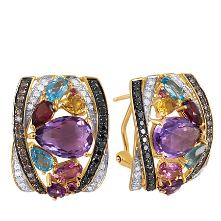 Серьги из желтого золота с бриллиантами, родолитами