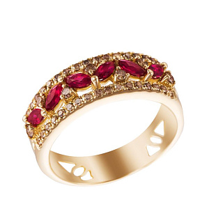Кольцо из желтого золота с бриллиантами, рубинами