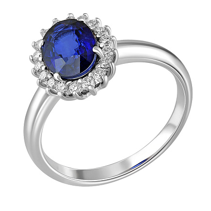 Кольцо из белого золота с бриллиантами, сапфиром