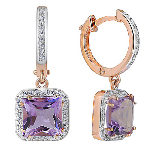 Серьги из красного золота с аметистом, фианитом